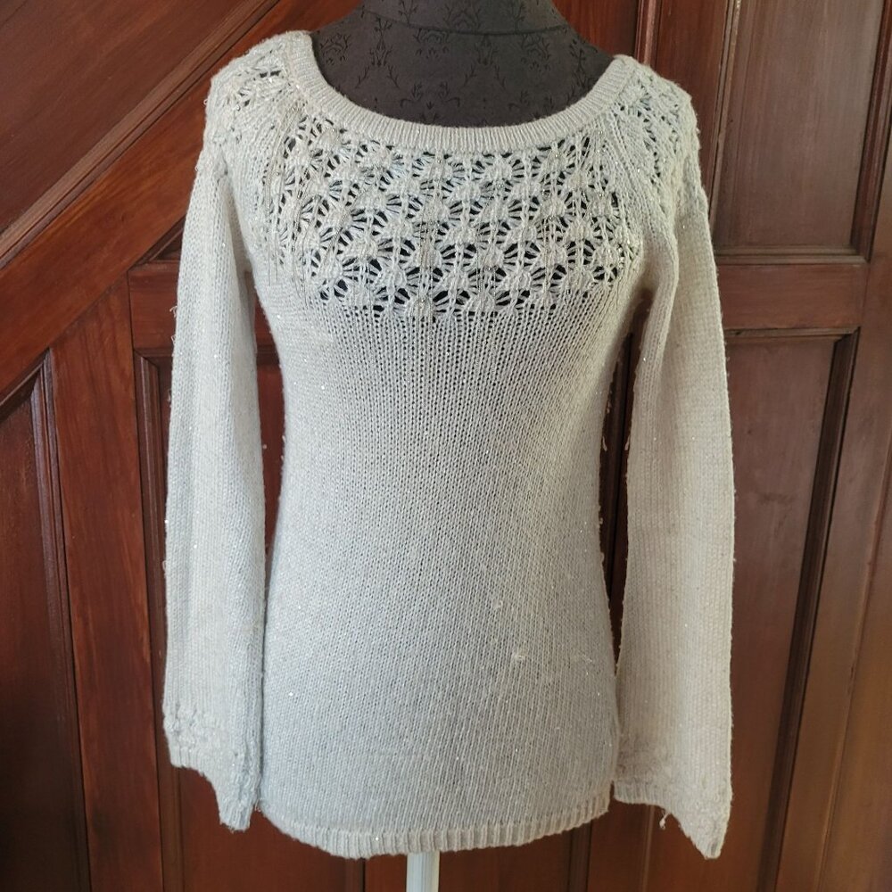 White House Black Market Beige Knit Sweater With Beaded Crochet Yoke Long Sleeve